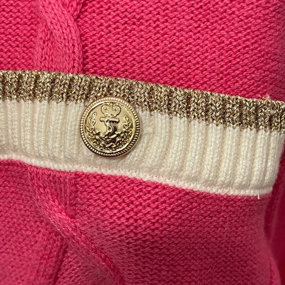 Talbots Berry Pink Cotton Blend Lattice Cable Johnny Collar Sweater Gold Trim XL - Picture 4 of 8